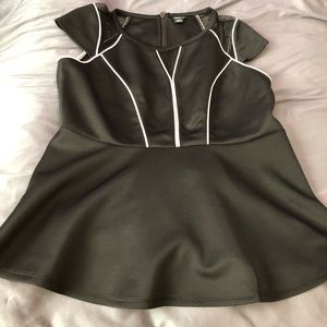 Black peplum scuba top with white piping